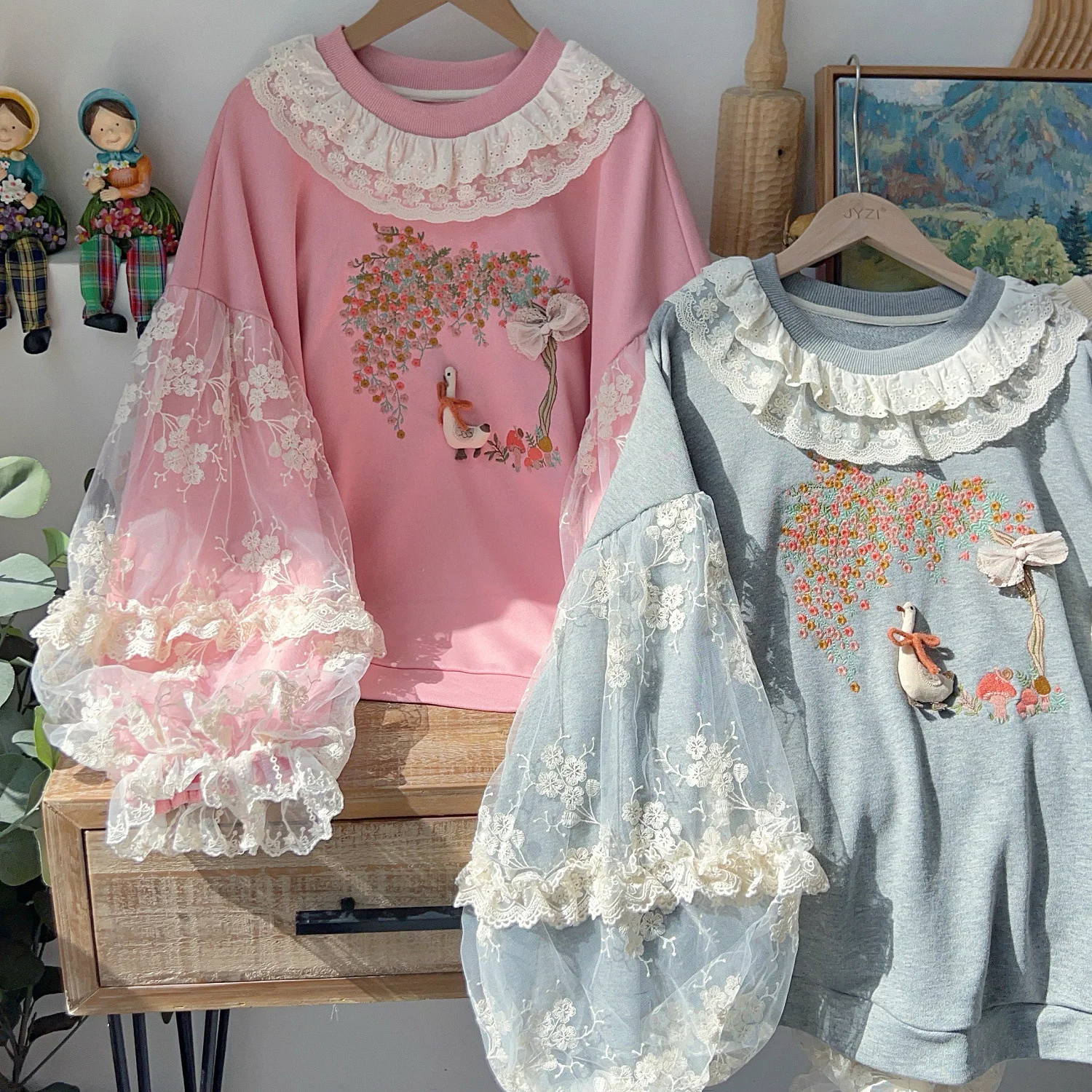 Japan Style Sweet Lolita Lace Embroidery Sweatshirts Women Autumn Winter Ruffels Collar Long Lantern Sleeve Hoodies Pullover