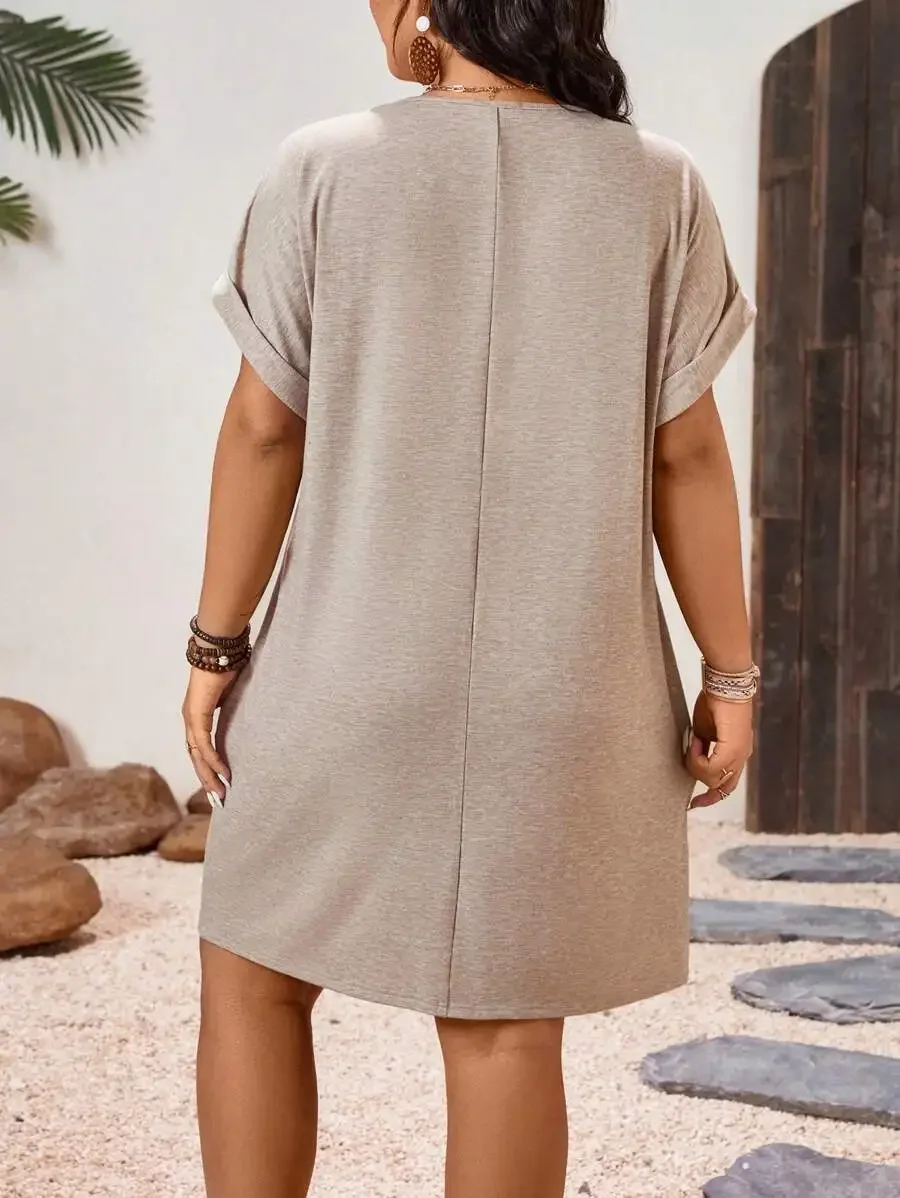 

Plus Size V-Neck Solid Color Ruffle Cuff Midi Casual Dress Spring