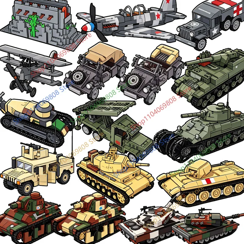 Blocs de construction de véhicules militaires MOC, soldats français et américains de la Seconde Guerre mondiale, char, véhicule blindé, avion de combat, fusée, forteresse, briques, jouets N26