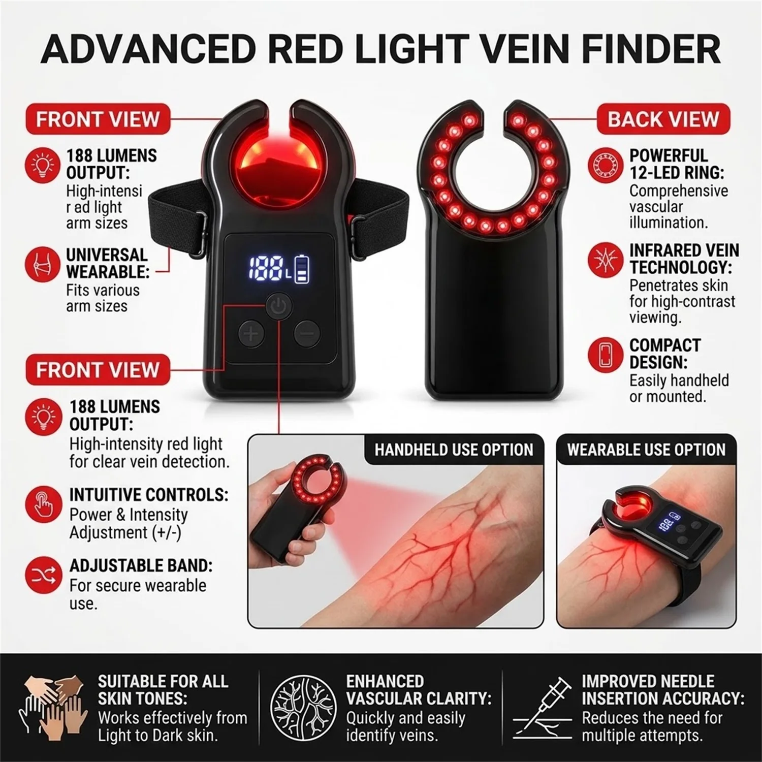 Arm-Strap Blood Vein Finder Handheld Infrared Vascular Locator Adjustable Brightness LED Medical Blood Vessel Vein Scanner