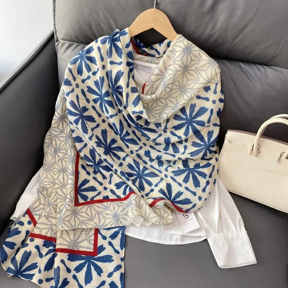 

Дышащий весенний шелковый шарф, длинный поглощающий пот платок с большим узором, легкий льняной шаль из пряжи в этническом стиле