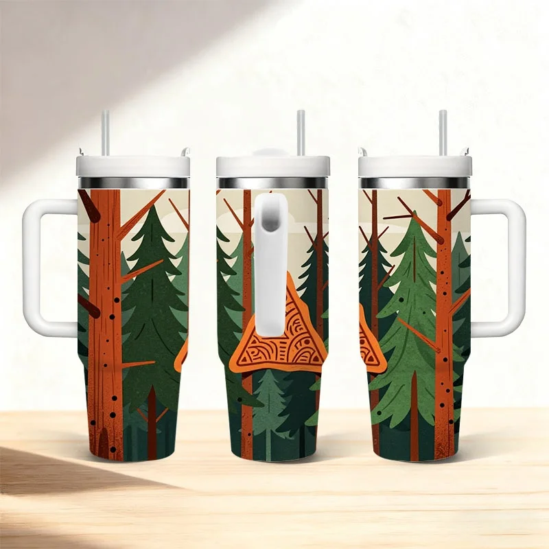1pc 40 Oz Stainless Steel Double Wall Insulated Tumbler with Handle And Straw, Whimsical Illustrative Forest Orange Triangle Print Sublimation Travel Mug, Keeps Drinks Hot 18H & Cold 36H