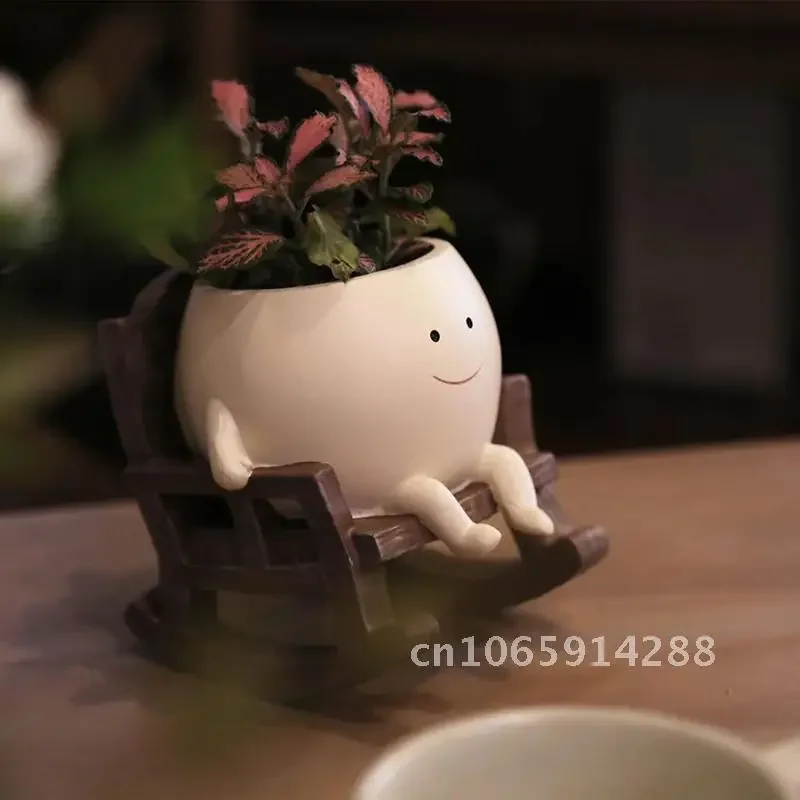 Rocking Chair Planter Succulent Smily Face Planter Pot Indoor Cute for Outdoor Head Flower Resin