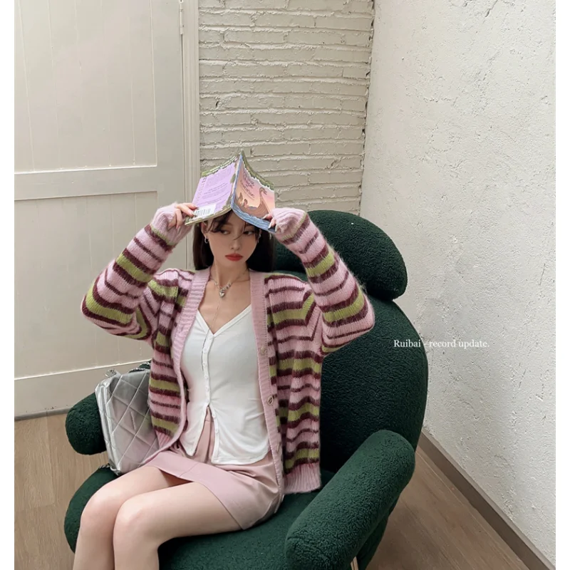 Women Clothing Vintage Knitting Sweater Pink Chic Long Sleeve Casual Grey Fashion Simplicity Baggy Female 2023 Coat Winter Tops