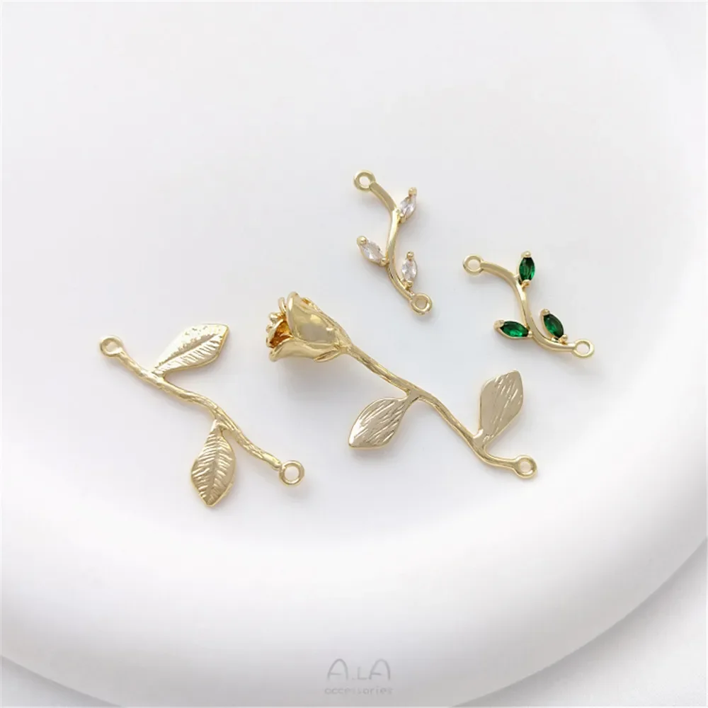 14K Gold-coated Double Hanging Branches Rose Green Zirconium Leaves Diy Bracelet Hanging Earrings Tassel Pendant Accessories