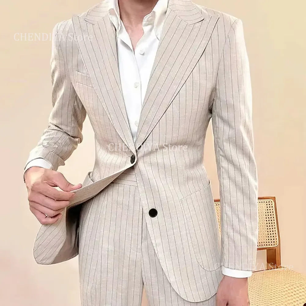 우아한 줄무늬 남성 정장 2 조각 패션 싱글 브레스트 피크 옷깃 의상 옴므 비즈니스 캐주얼 데일리 오피스 남성 자켓 바지