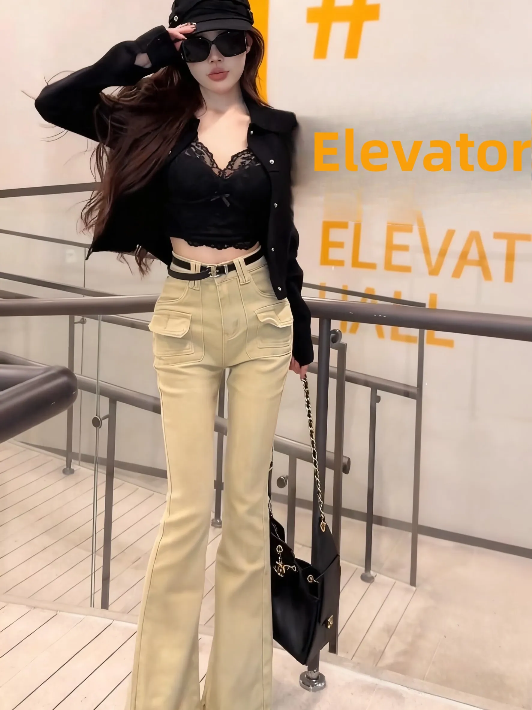 

Slimming High Waist Bell Bot Khaki Color Versatile Retro American Sle Jeans Cotton Stretch Denim Ladies Faion Autumn