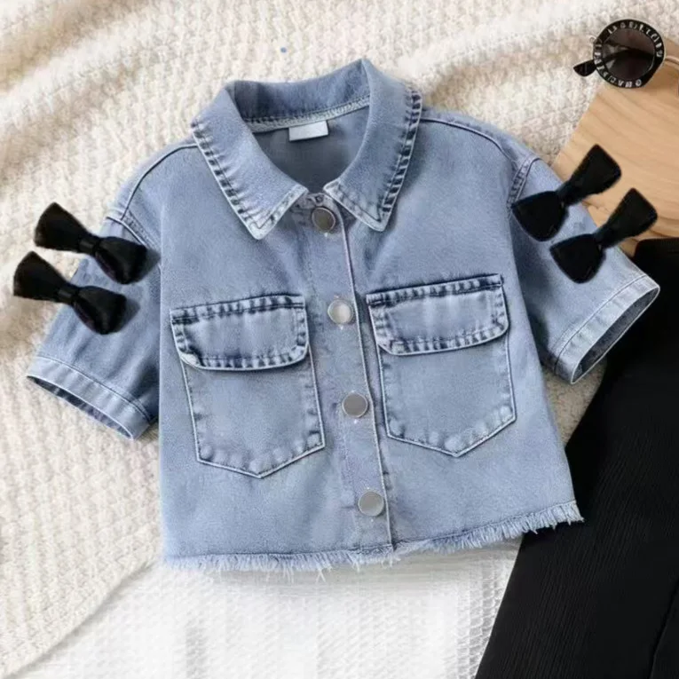 Girls Denim Short Sleeve Black Cami Jumpsuit EU US New Arrival Retro Trendy Kids Fashion  for 9M-4Y