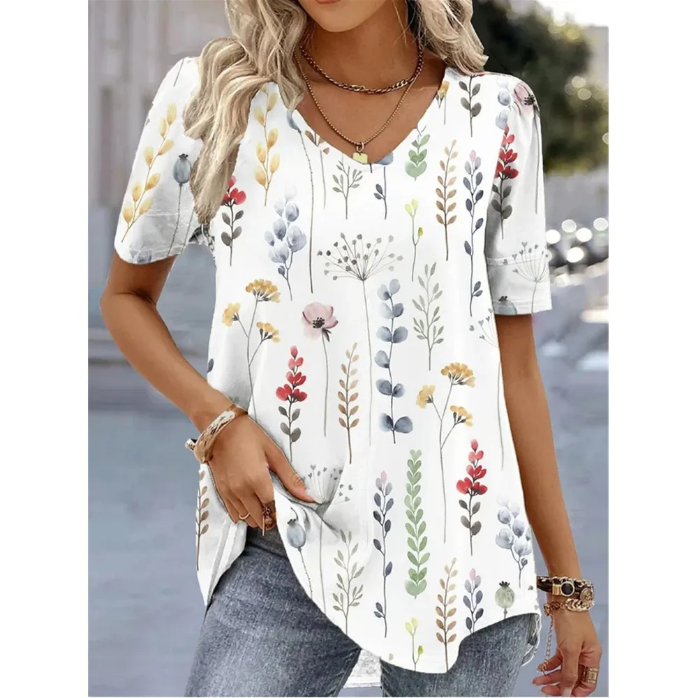 Fashion Women\'s V-neck T-shirt Harajuku Print Summer 3D T-shirt Floral Graphic Tee Loose Pullover Female Casual Top 5xl Clothing