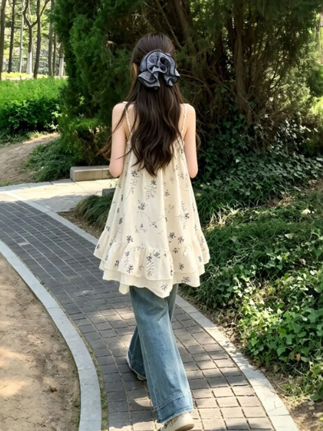 

Floral Print Loose Tank Top Strap Beach Vacation Style Women's Summer Casual Breathable round Neck Knitted Single Piece