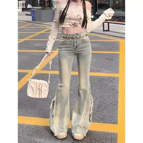 Imagen 2 del producto Vaqueros azules Vintage para mujer, cintura alta, estilo Retro americano de los años 90, diseño de borde de materia prima, pantalones vaqueros Y2k, ropa de calle, pantalones vaqueros de pierna ancha