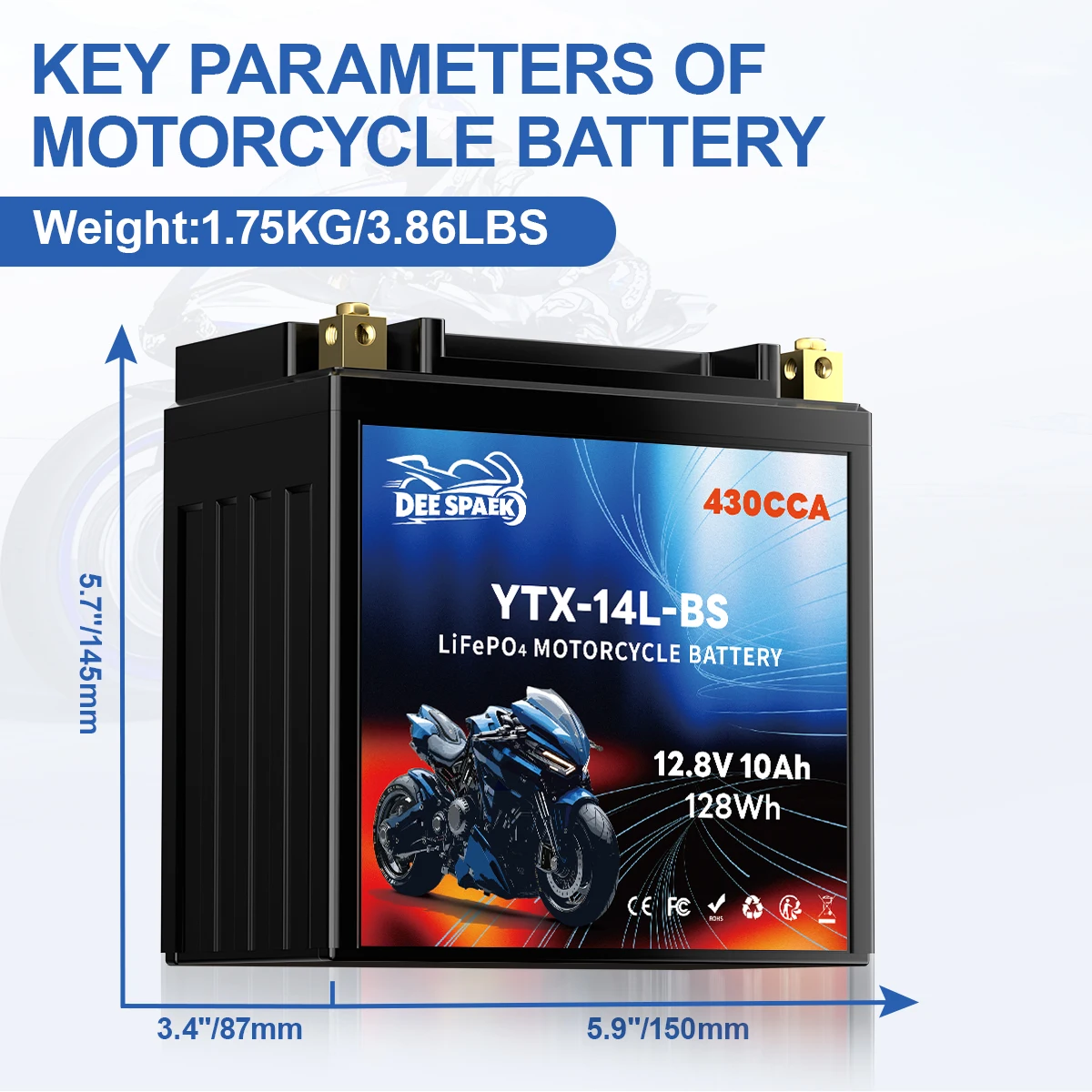 14L-BS 12V 3,5-10Ah Motorradbatterie LiFePO4 Starterbatterie CCA 250-430A 7A-BS 20L-BS Eingebautes BMS für ATV UTV Roller
