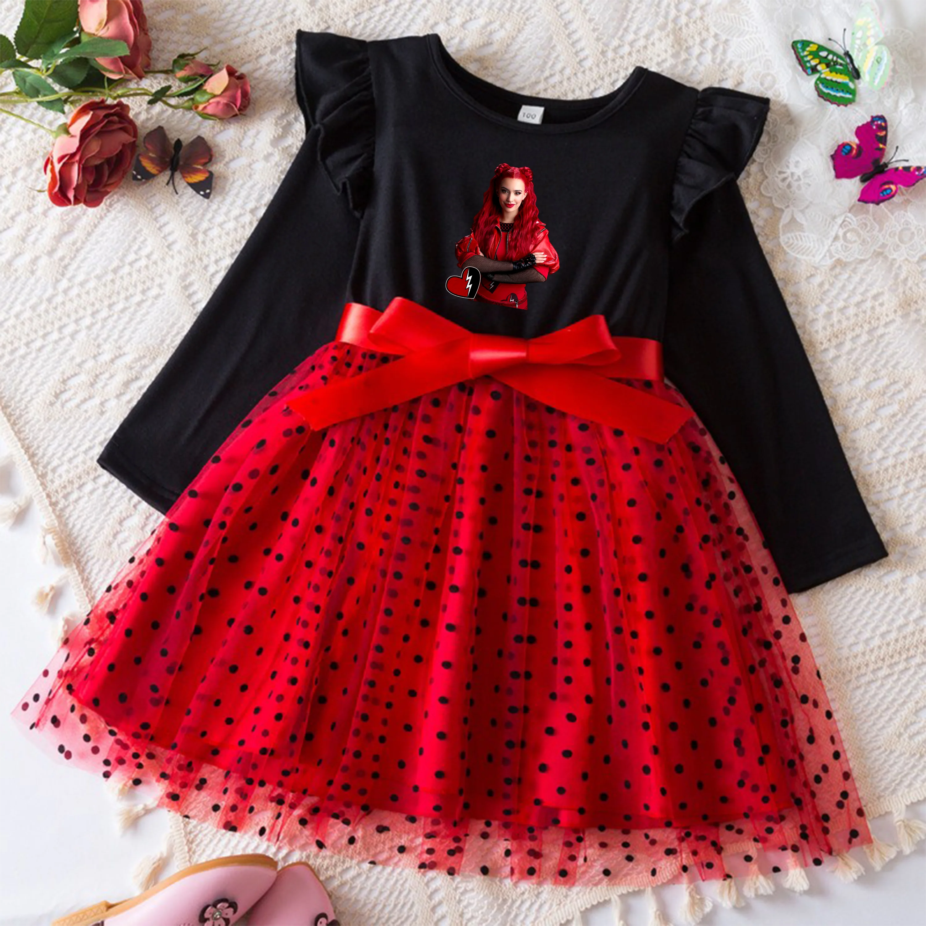 Descendants Toddler Girl Birthday Tulle Dress Bow Wedding Gown Kids Party Wear Princess Dress Baby Bowknot Long Sleeve Autumn