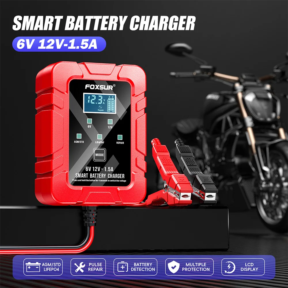

FOXSUR 6V 12V 1.5A FBC061215D Automatic Smart Trickle Battery Charger for Motorcycle for GEL AGM EFB CA Lead-Acid LiFePO4