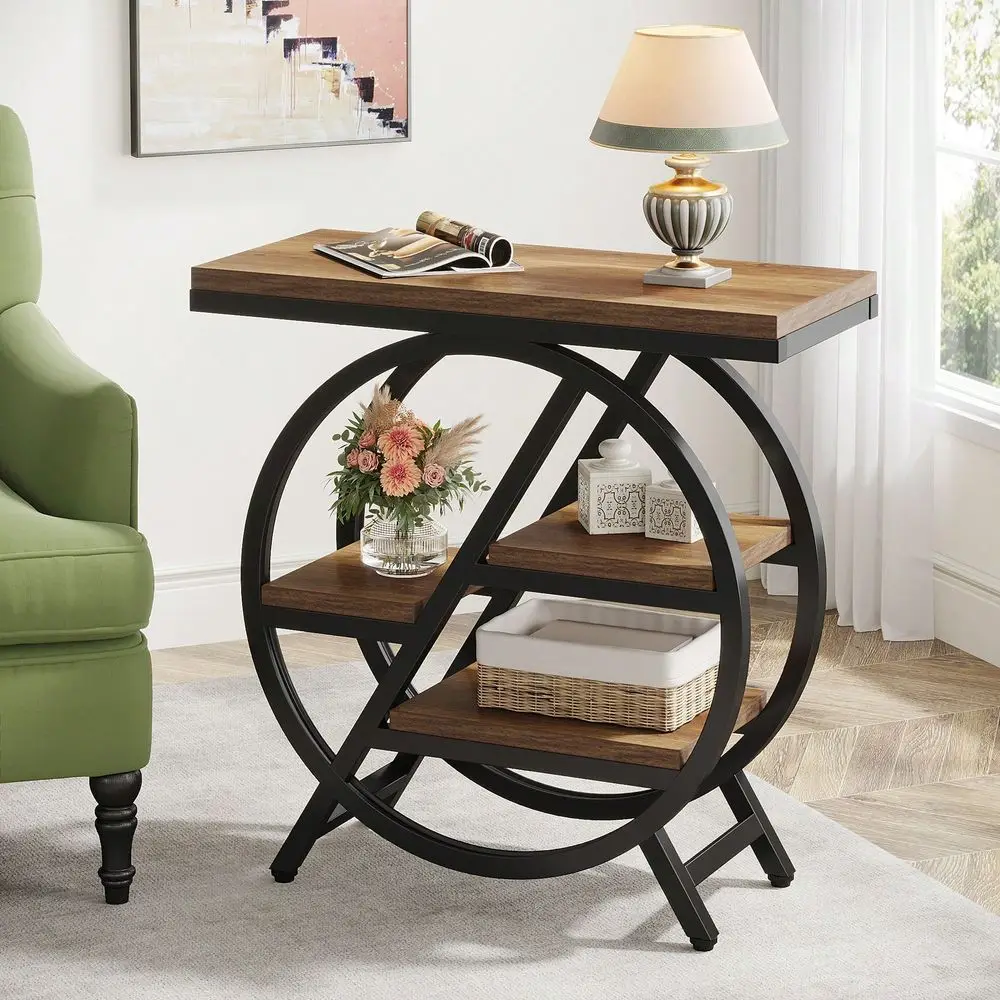 

4Tier End Table For Living Room, Narrow Side Table With Storage, Wood Sofa Side Table With Metal Frame, Industrial Nightstand A