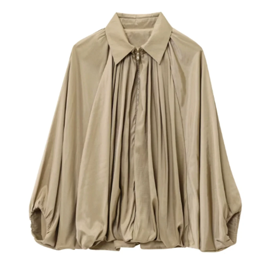 Loszittende olijfgroene jas Dames Stijlvolle brede mouwen Geplooide voorkant Lichtgewicht damesjassen Casual bovenkleding