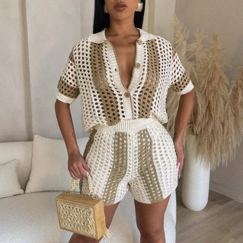 

Sexy Women Hollow Out See Through Lapel Knit Shorts Suit European American Style