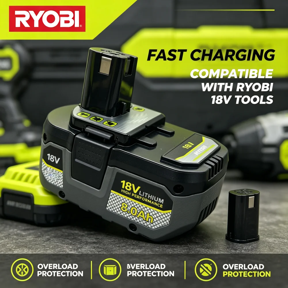 Upgraded 18V 8.0Ah High Capacity Lithium Battery，RYOBI  P108 P107 Cordless Power Tool Long Lasting Durable Rechargeable Battery