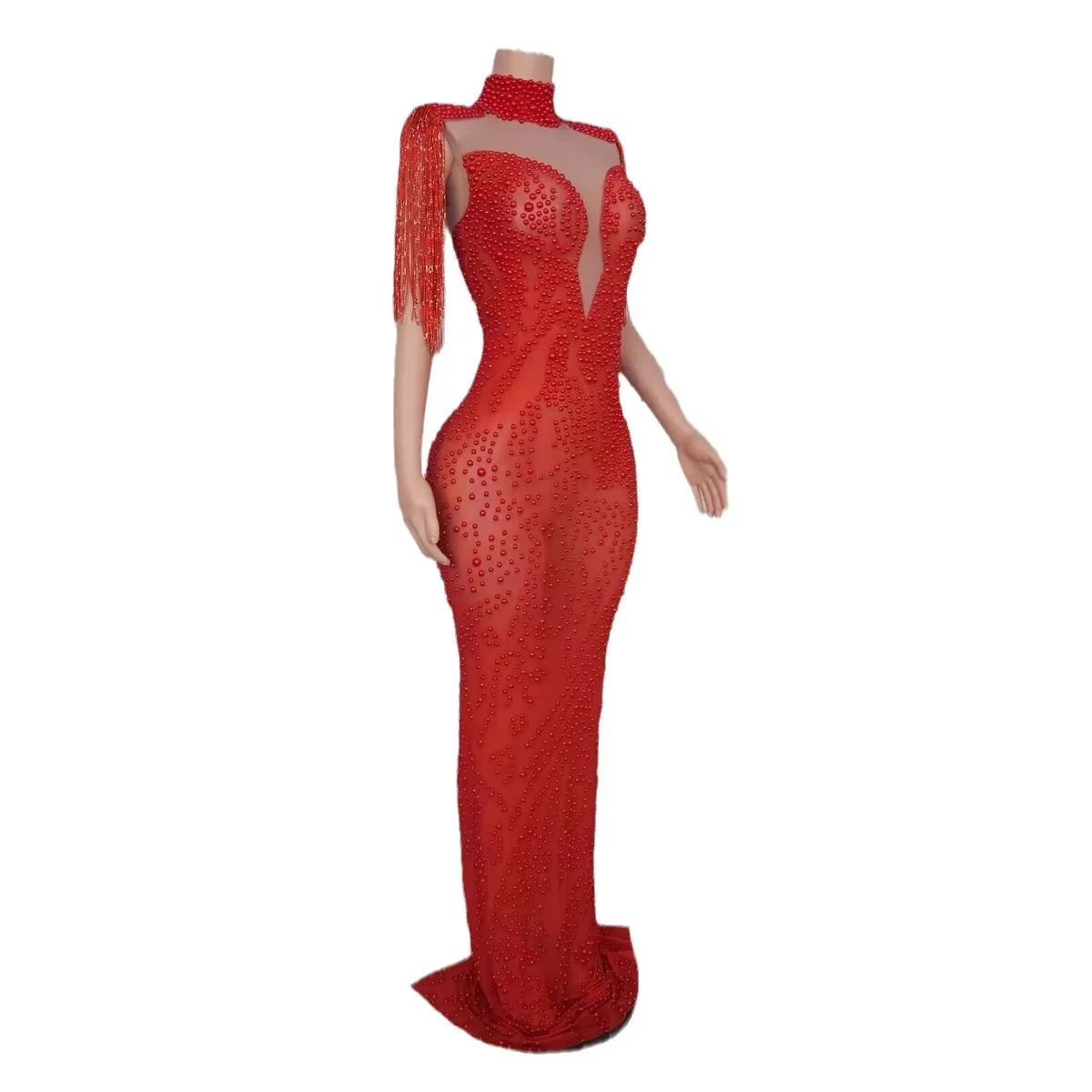 

Luxury Red Bright Diamond Temperament Drape Dress Adult Model Catwalk Trendy Clothing Company Annual Meeting Professional Wear
