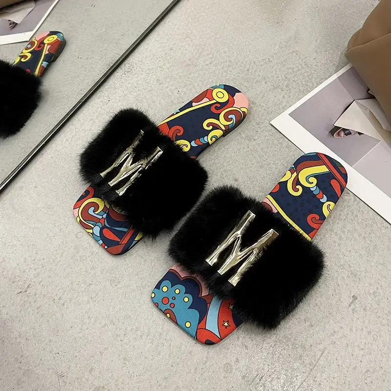 Women Summer Furry Fur Slippers Flat Non-slip Solid Real Fox Fur Slides Fluffy Slippers Ladies Shoes Woman Home Slipper