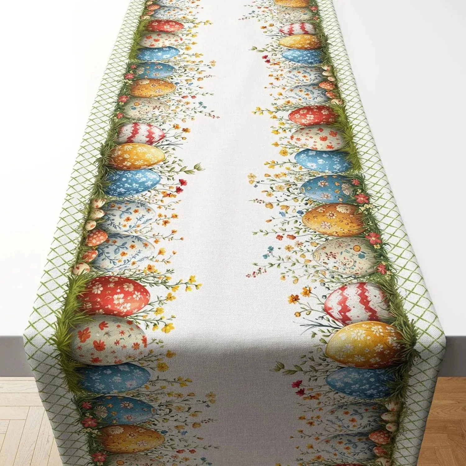 Vintage Floral Easter Egg Table Runner Wildflower Green Grid Border Print Spring Holiday Dining Table Home Decor 