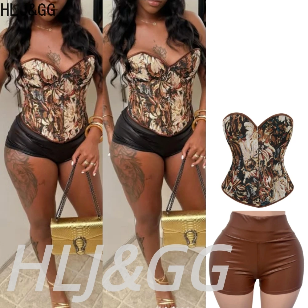 

HLJ&GG Y2K Sexy Oil Painting Corset Two Piece Sets Women V Neck Sleeveless Slim Top And Leather Shorts Outfit Fashion Streetwear