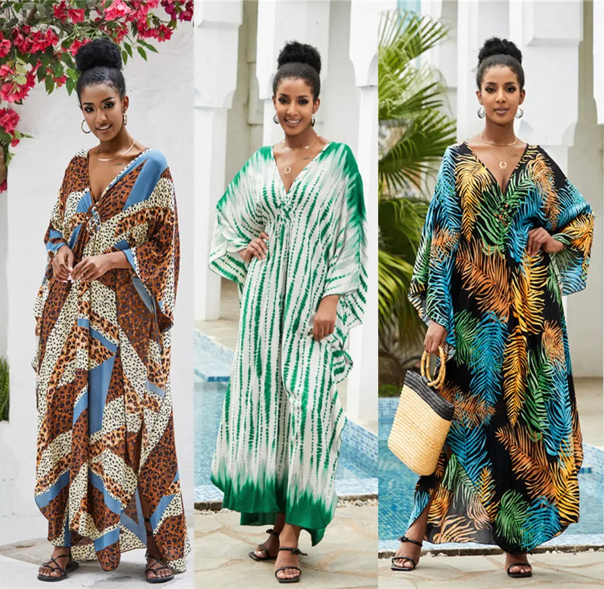 Bohemian Print Kaftan Plus Size Badeanzug Bikini vertuschen lässige Frauen Sommer Strand tragen tiefe V-Ausschnitt Strand kleid Vestidos