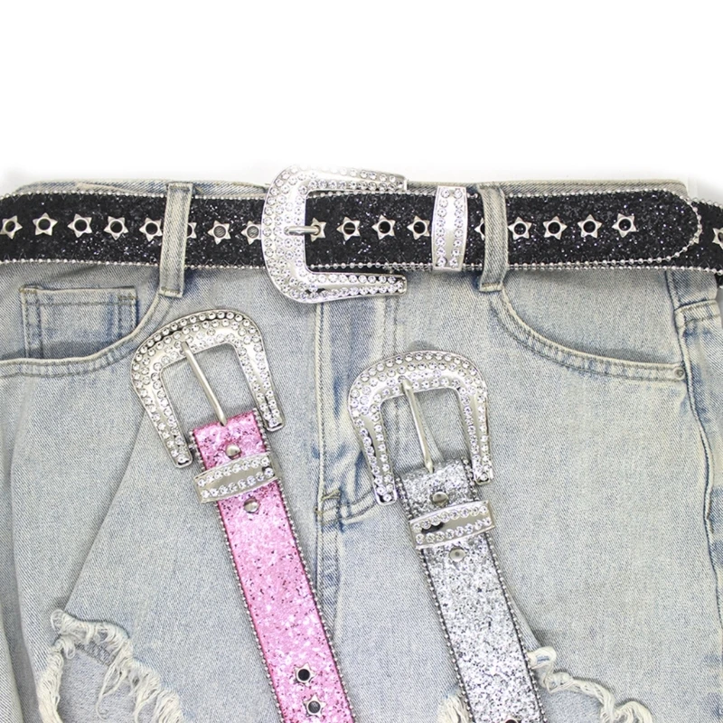 Casual Rhinestone Belts Adult Temperament Full Sequins Waist Belts Western Cowgirl Cowboy Fashion Belt for Jeans Skirt