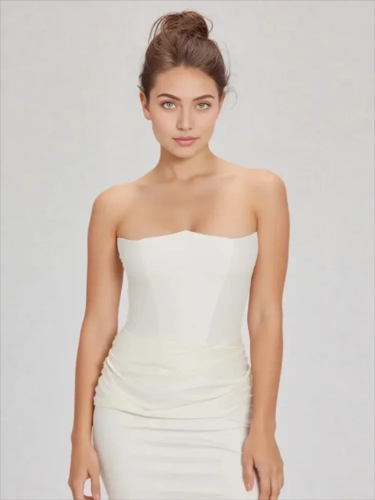 Chaxiaoa Fishbone Sexy Maxi Satin Dress Women Strapless Sleeveless Pleated Long Dress Female Elegant Evening Party Robe Vestidos