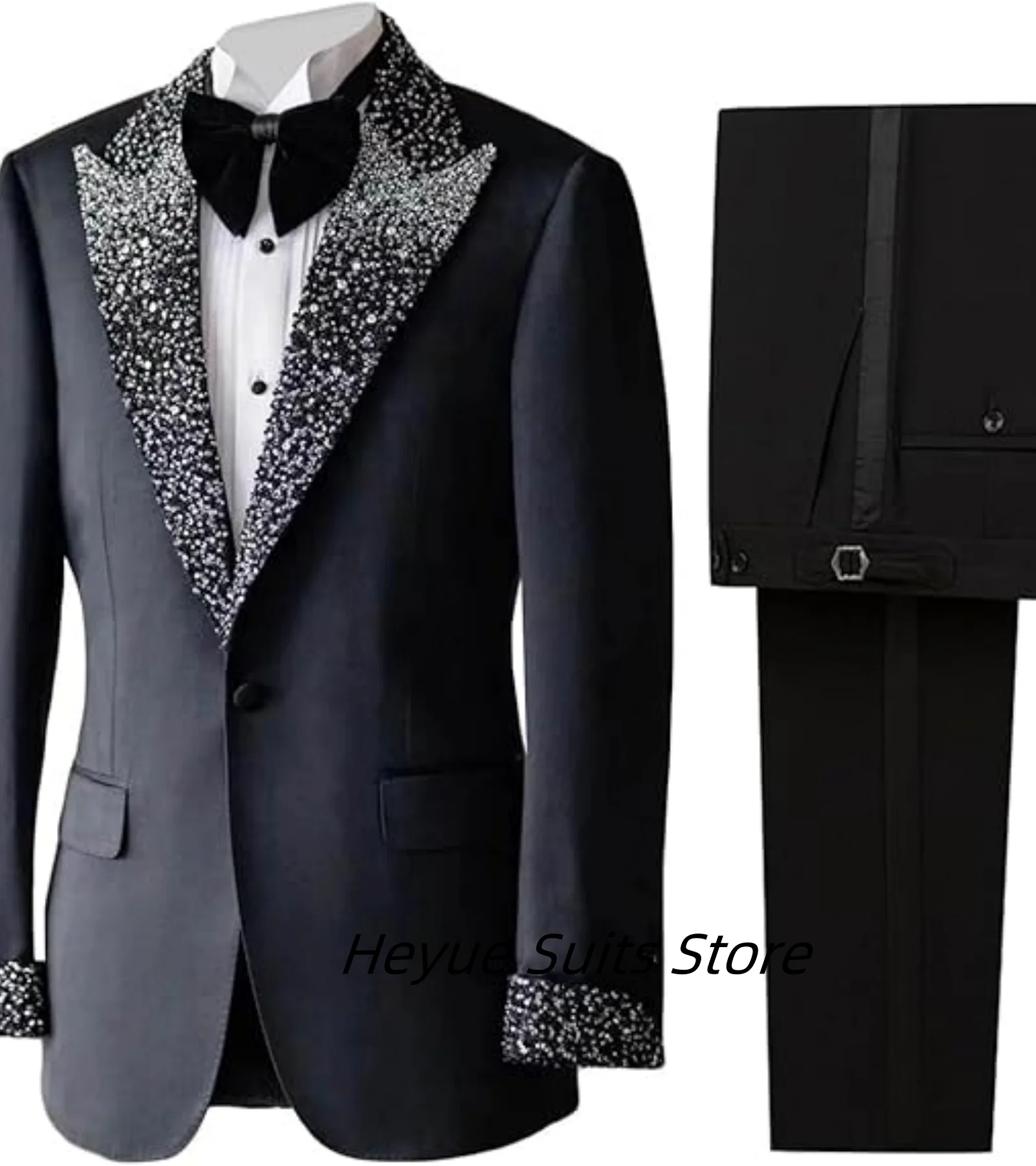 

Classic black Men Suits Bead Slim Fit Groom Party Tuxedos Custom Made Fashion 2 Pieces Sets Wedding Male Blazers Costumes Homme