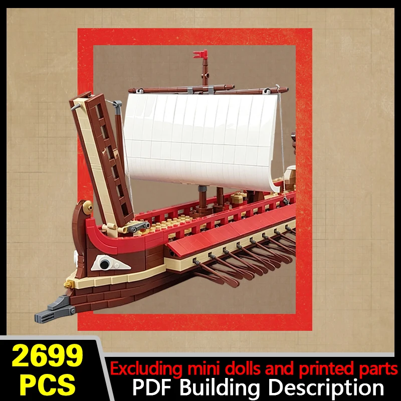 Ancient Oar-Sailed Warship Model MOC Building Bricks War Equipment Style Modular Technology Gifts Holiday Assemble Toys Suit