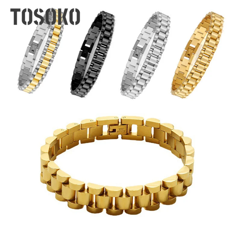 TOSOKO Stainless Steel Metal Watch Band Cuba Heavy Metal Texture Fashion Jewelry Party Gift Waterproof BSE222