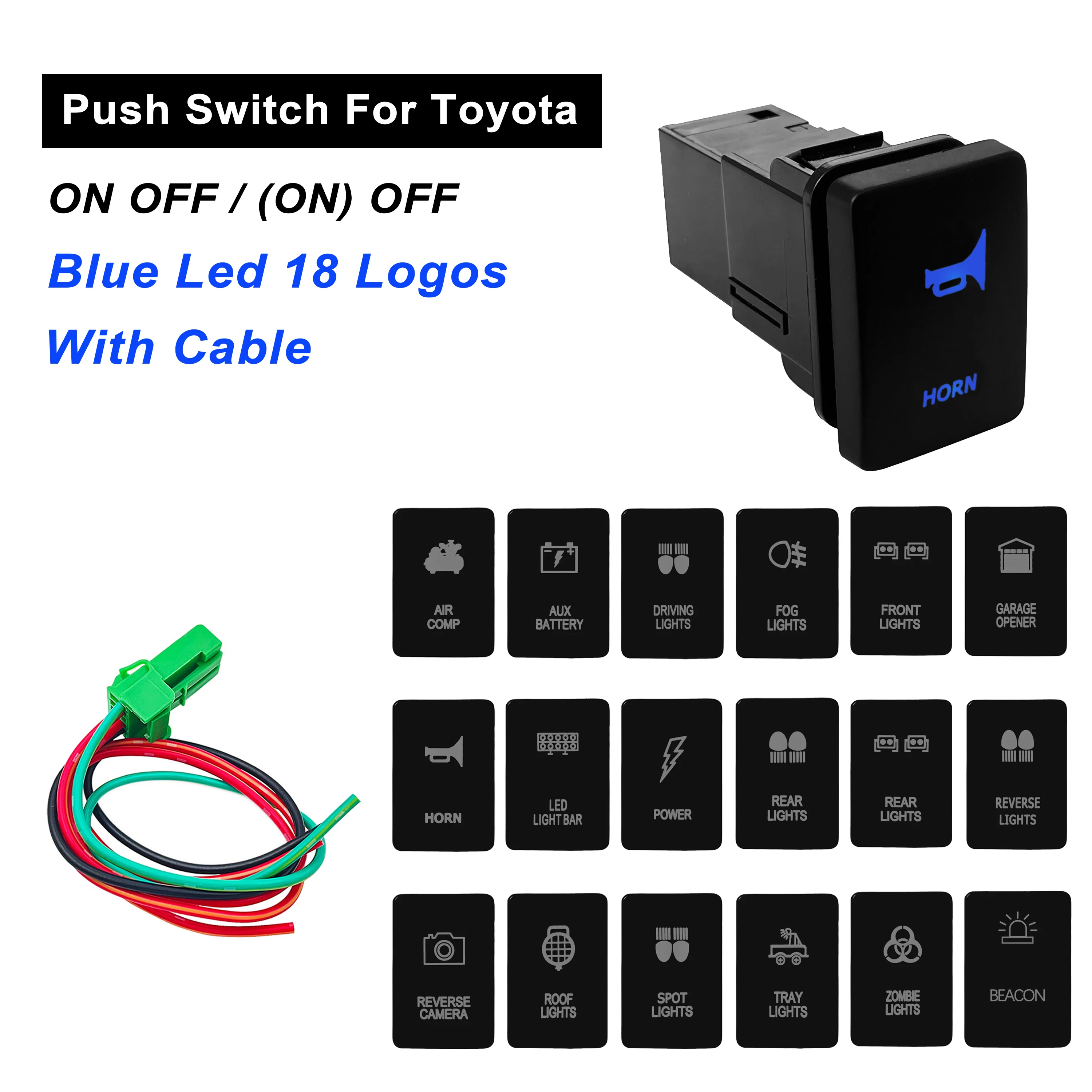 12V Car Push Button Switch With Cable Connector Blue Led Light bar For Toyota Prado 150 200 Landcruiser Hilux RAV4 Carolla