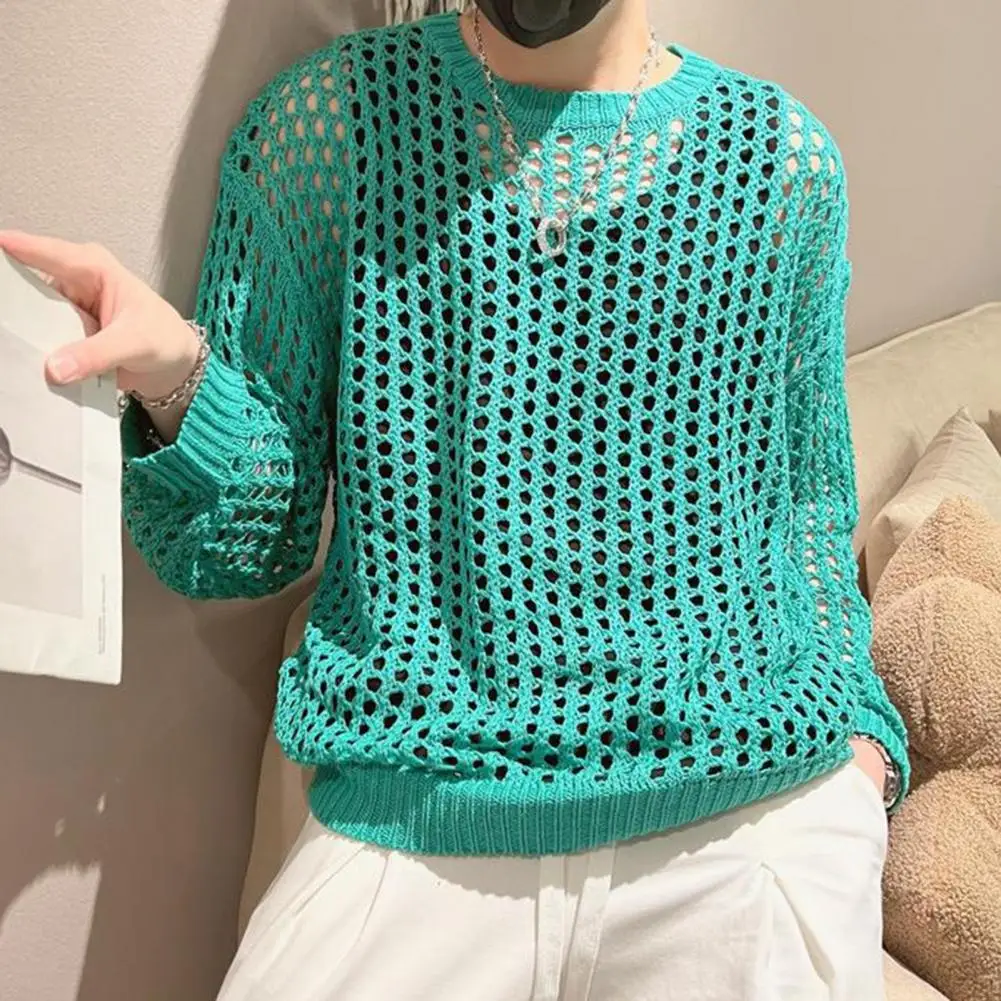 Men Hollow Top Mesh Fishnet Solid Color Round Neck Loose Long Sleeve Clubwear Hip Hop See-through Elastic Pullover Party Top