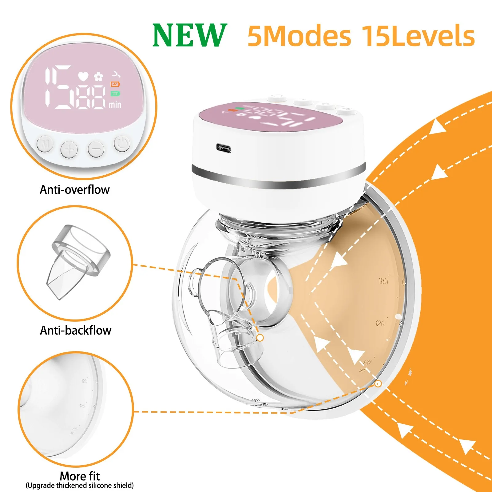 Draagbare borstkolf! 5 modi en 15 versnellingen. Handsfree ontwerp voor gemakkelijk borstvoeding. Geniet van gemak tijdens de verpleging