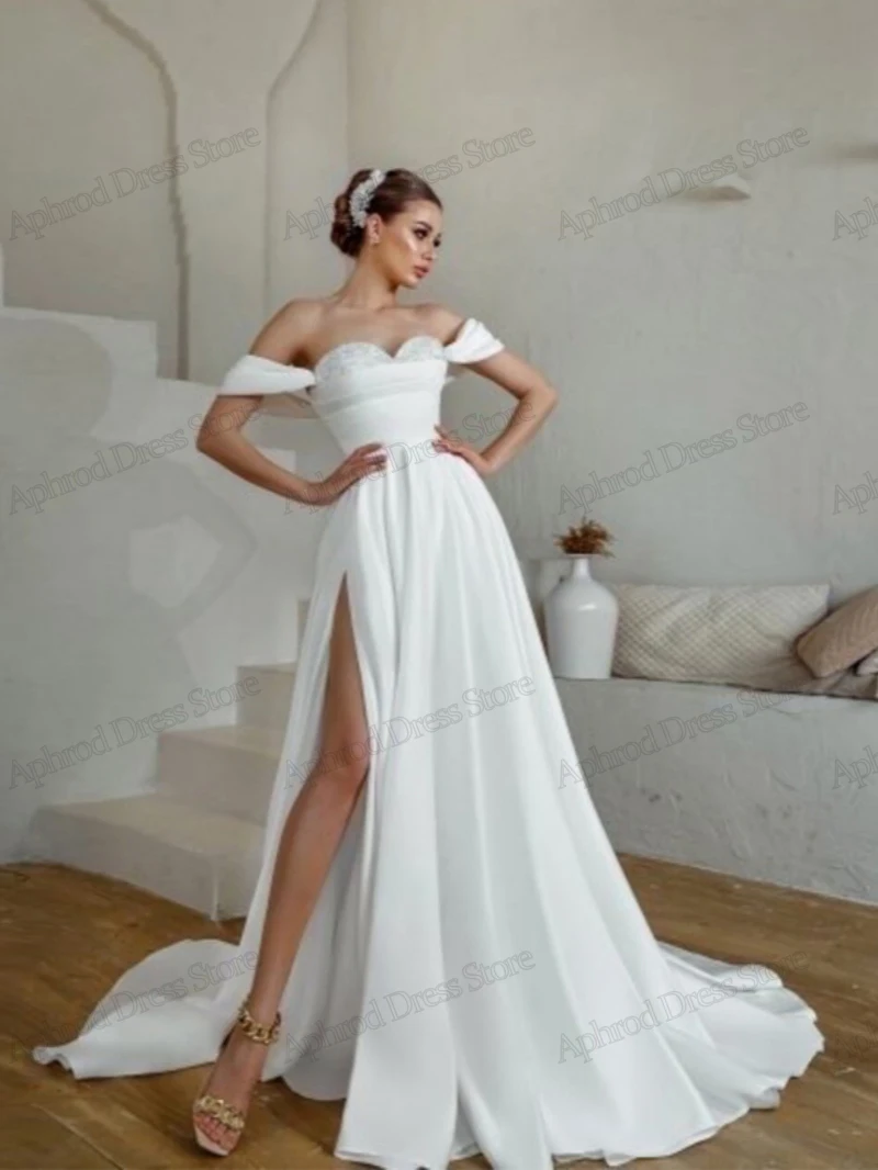 Vestidos De Novia elegantes De satén con hombros descubiertos para fiesta Formal, elegantes, línea A, sencillos, elegantes, 2024