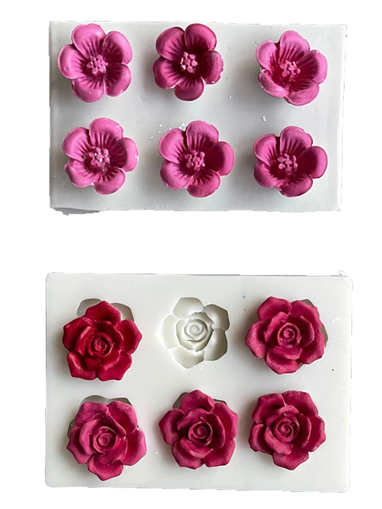 Molde de silicona de flor pequeña de seis agujeros, flor de ciruelo, flor de peonía rosa, pastel de Fondant, molde de inserción de pastel de cumpleaños de Chocolate