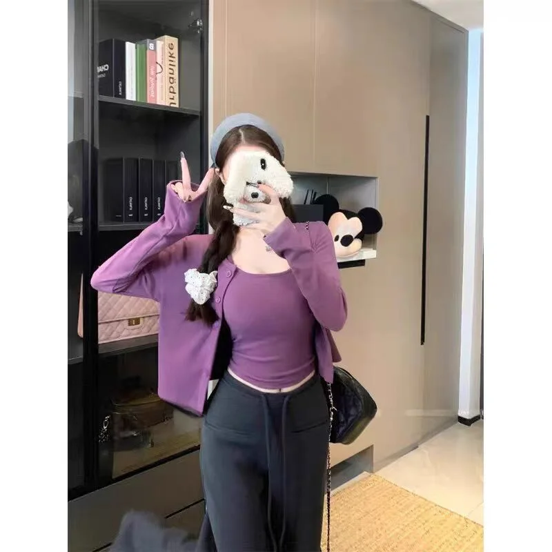 

Корейский комплект из двух предметов: открытый кардиган с длинными рукавами и облегающая базовая футболка для женщин, дышащая повседневная одежда