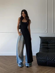 Asymmetric high-waisted slit versatile tank top dress fashion temperament black elastic Slim knit women's dress 2024 summer new