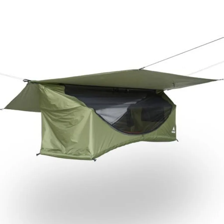 

Camping hammock tent for outdoor use, nylon fabric, gray color, lay-flat design with waterproof rainfly, integrated mosquito ne