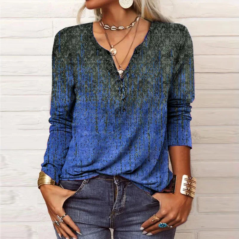 Autumn Women's Long Sleeve Shirts With Printed Ethnic Fashion T-shirt For Women T Shirts For Woman Футболка Женская Оверсайз