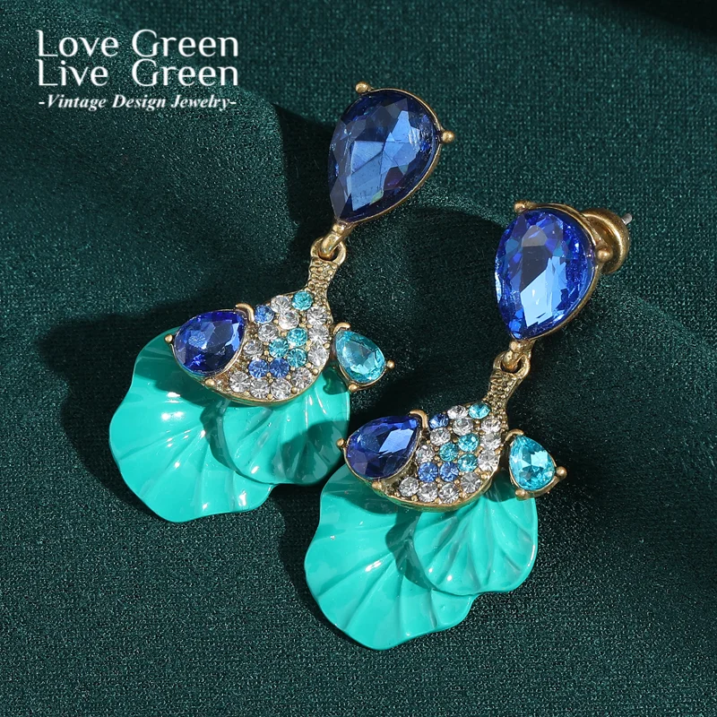 

Vintage Enamel Leaf Rhinestone Blue Earrings Korean Drop Crystal Gold Color Antique Jewelry Quality Luxury Designer Thanksgiving