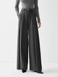 FSLE Women Winter Long Trousers Pleated Design Female Grey Elegant Thicken Full Length Loose Pants With Sashes 24FS14504