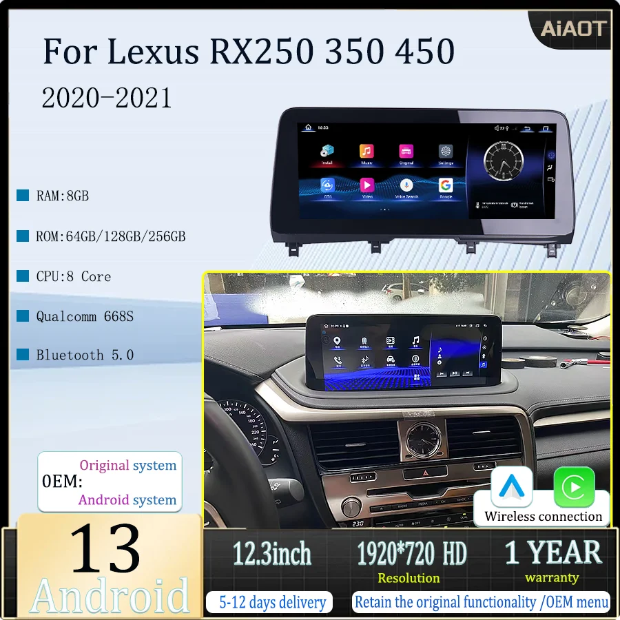 

12.3"Android 13 Qualcomm For 2020-2021 Lexus RX250 350 450 wireless Carplay Auto Multimedia Player GPS Navigation OEM Menu