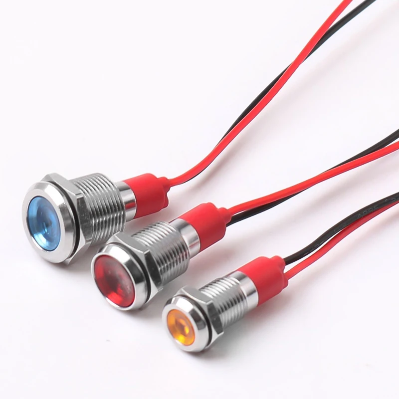 LED Metal Indicator Light 6/8/10/12mm With Wire Waterproof  Highlight Signal Light Wire Switch  5V12V24V220V Red Yellow Green