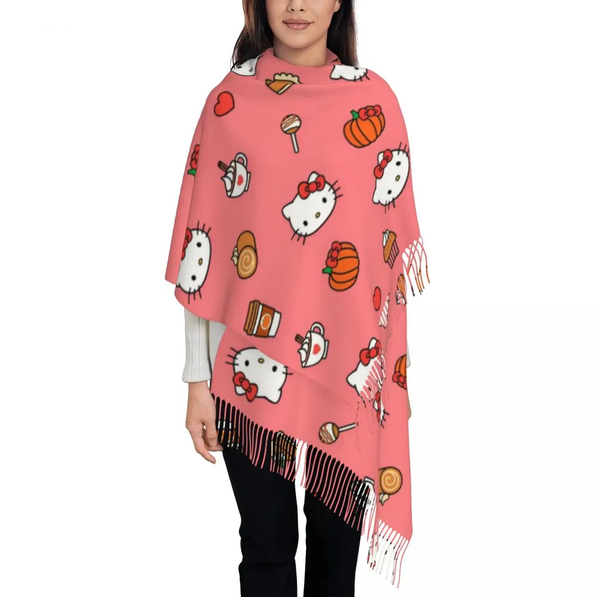 Bufanda de mujer con borla lindo dibujos animados Hello Kitty largo invierno cálido chal abrigo uso diario bufanda de cachemira