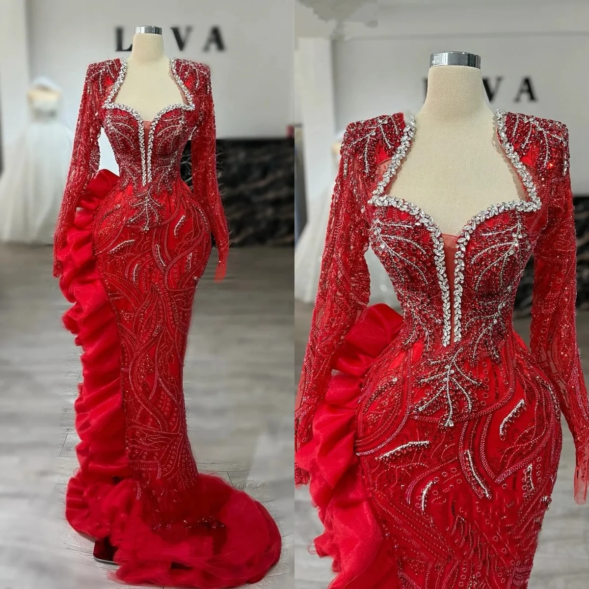 

Exquisite Crystal Evening Dresses Sequins Beading Prom Dress Long Sleeves Ruffle Train Mermaid Party Gowns Vestidos De Noche