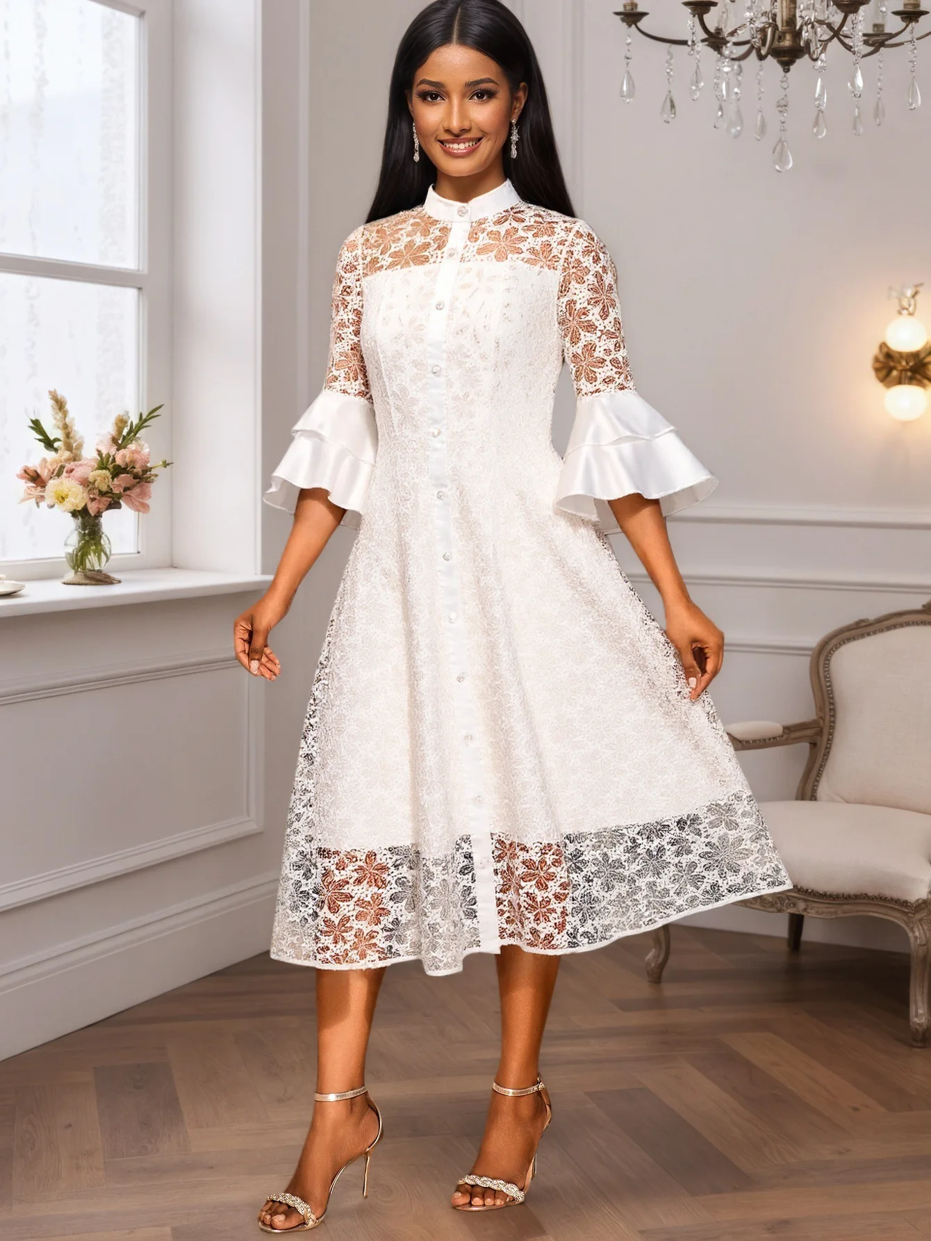 Lace Stand Collar Single-breasted Sheer A-line Midi Dress with Flared Sleeves and Waist-cinching Elegant Party Dress Elegant