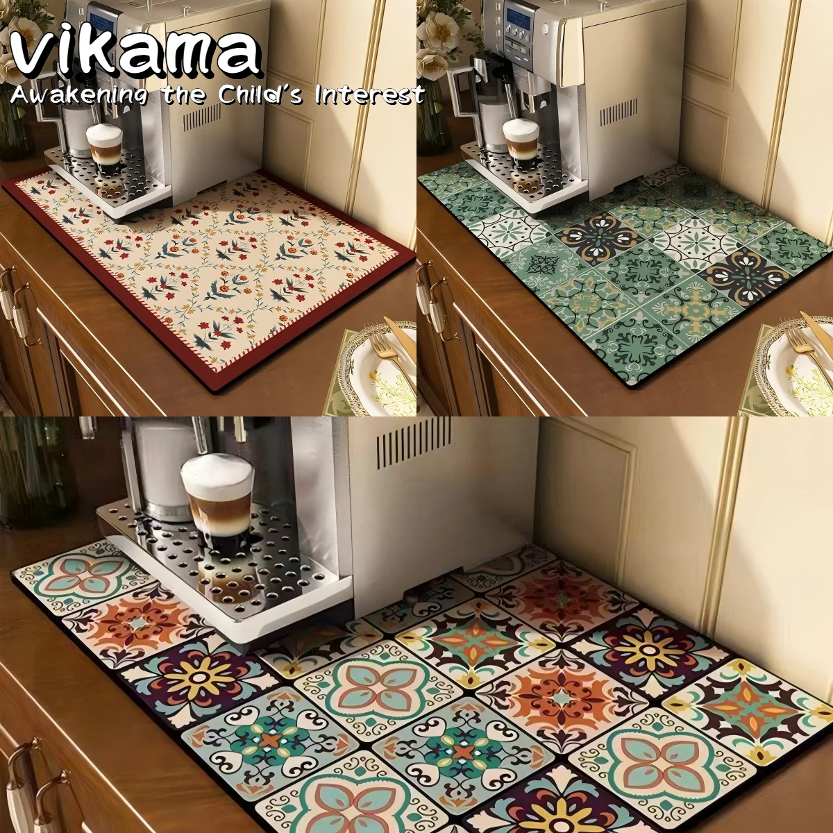 VIKAMA Classical Flowers Diatomite Coffee Machine Absorbent Mat Kitchen Entrance Table Heat Insulation Anti-scald Carpet