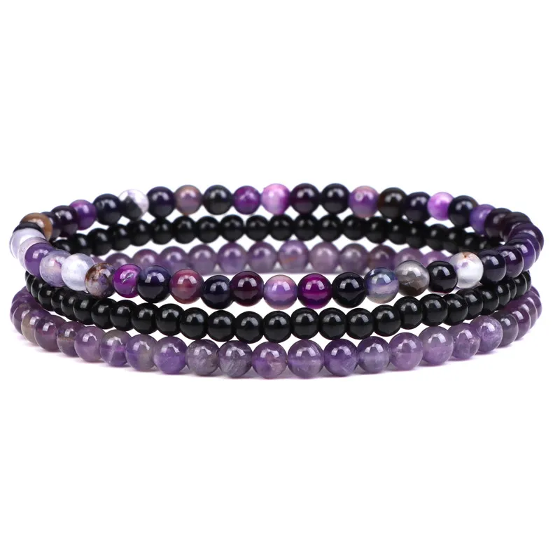 3Pcs/Set 4mm Natural Stone Bracelet Pink Quartzs Jaspers Rhodonite Beads Bracelets For Women Men Jewelry Gift Healing Energy